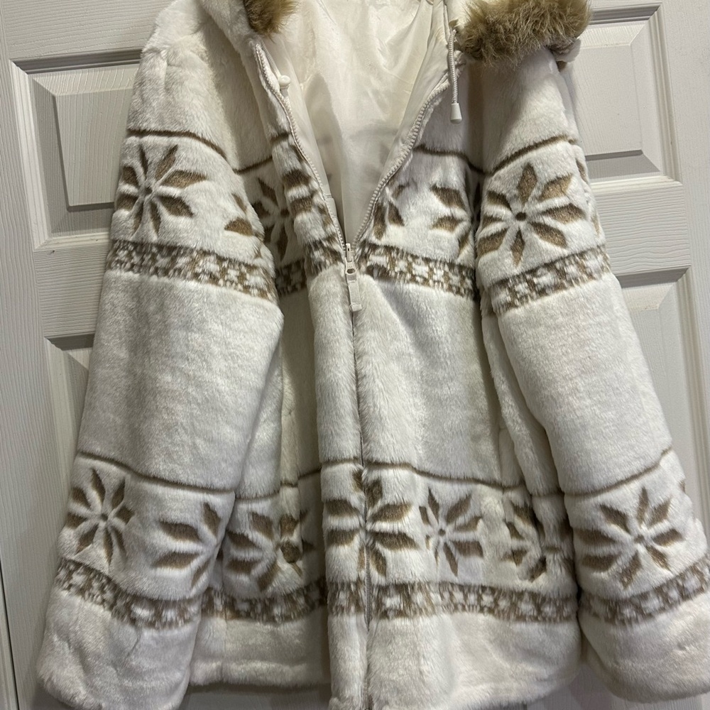 Anthony Richards white Faux Fur snowflake coat size L Large Woman Within 18/20
